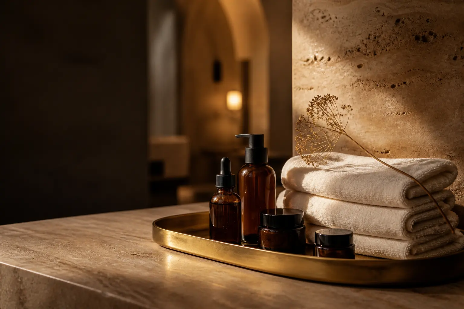 Spa towels and botanical skincare arranged on a brass tray